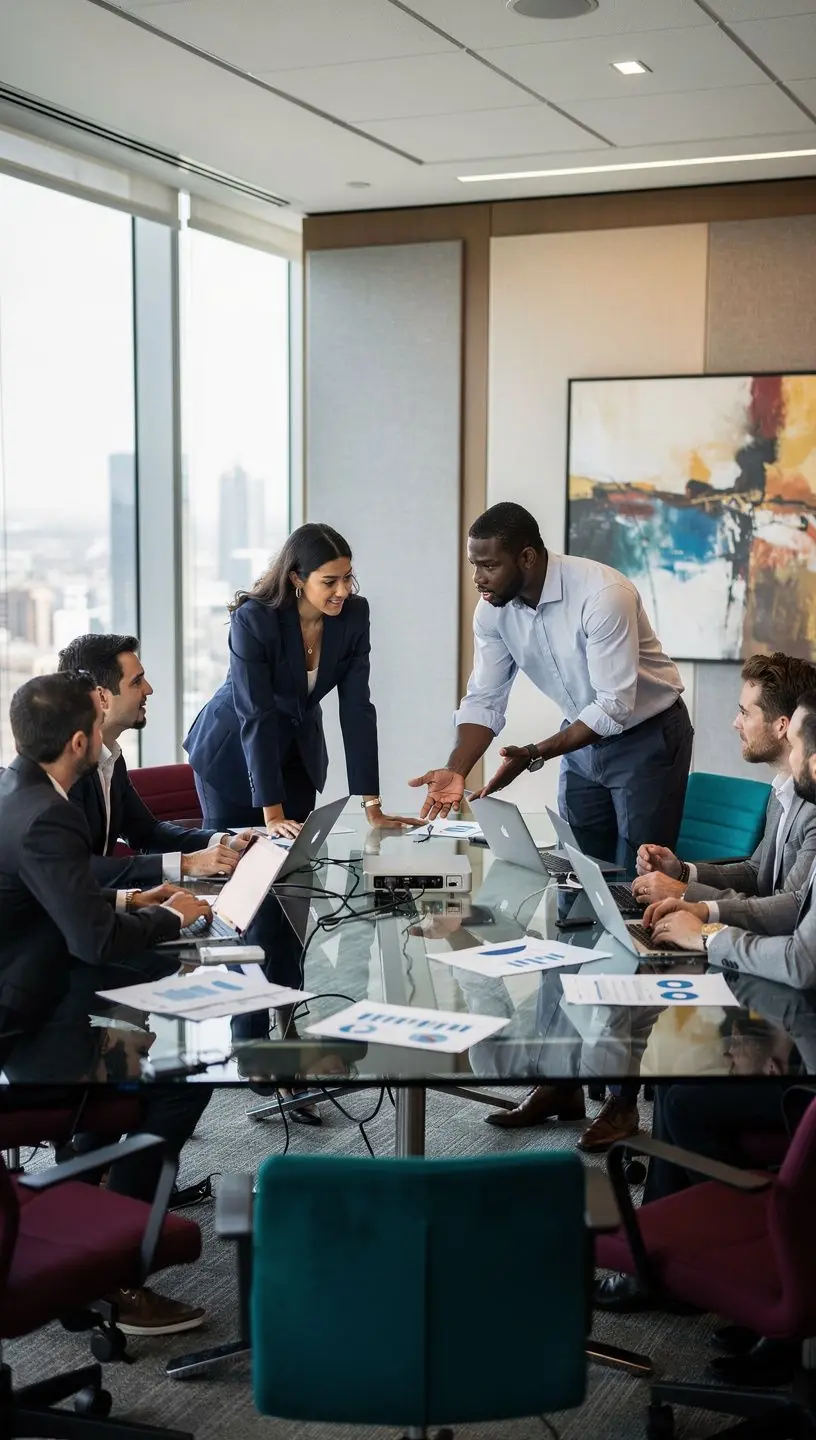 Przestrzeń do pracy zespołowej z dużym stołem i tablicą do burzy mózgów.