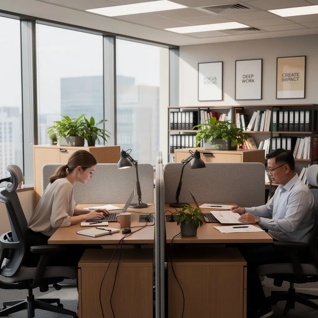 Strefa cichej pracy z wygłuszonymi pomieszczeniami dla większej prywatności.