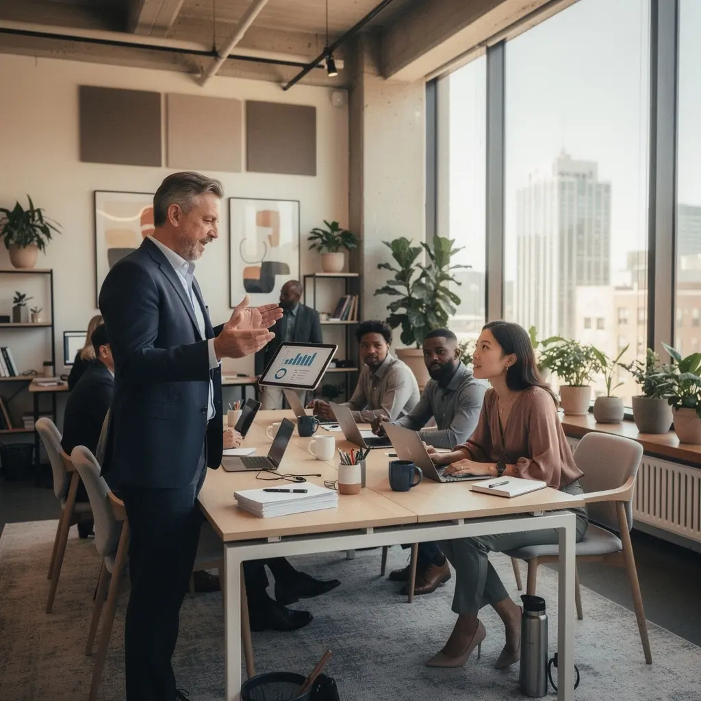 Przestrzeń z różnorodnymi miejscami do siedzenia, sprzyjająca kreatywności.